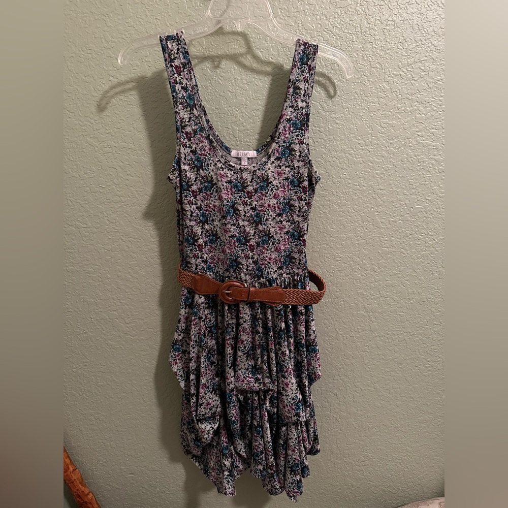dELiA*s Grey, Blue, and Purple Floral Dress with Built in Belt Size S